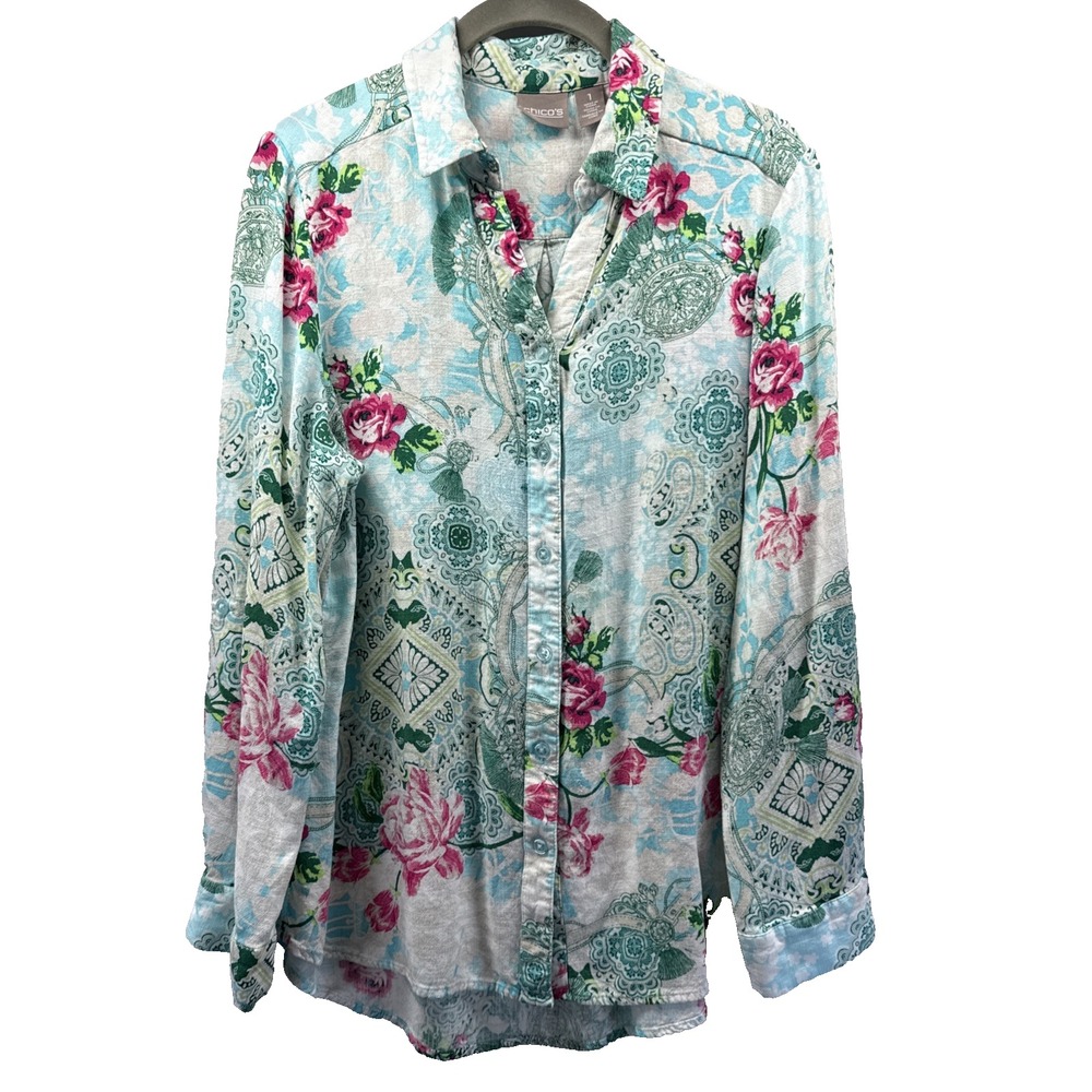 Chicos Women's Top Blouse Size M Green Pink Roses Paisley Long Sleeve Button Up